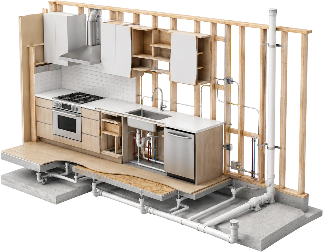 Interactive kitchen cutaway with hoverable hotspots on plumbing, framing, and appliances