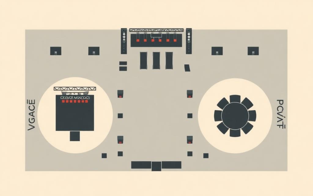 Overhead venue map illustration with stages and booths