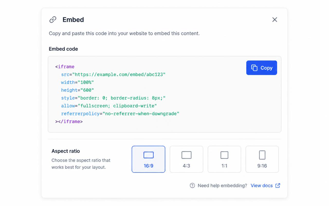 The Embed panel showing the responsive iframe snippet and a copy button