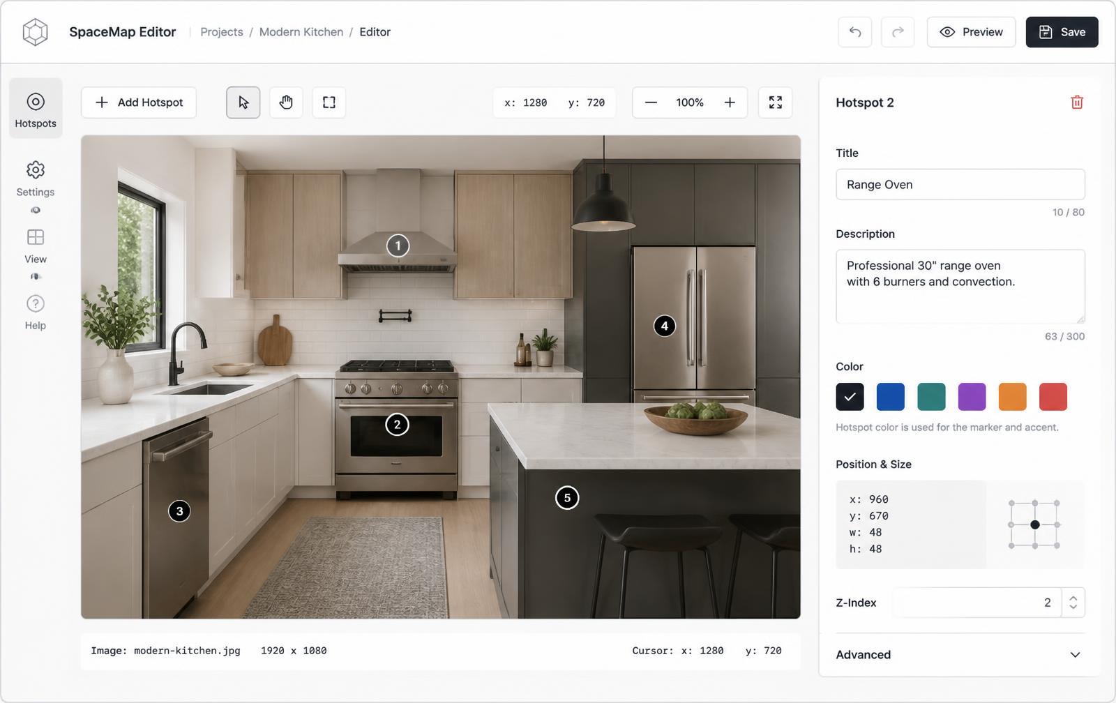 Editor view showing a link being added to a specific region of an image with a popup card